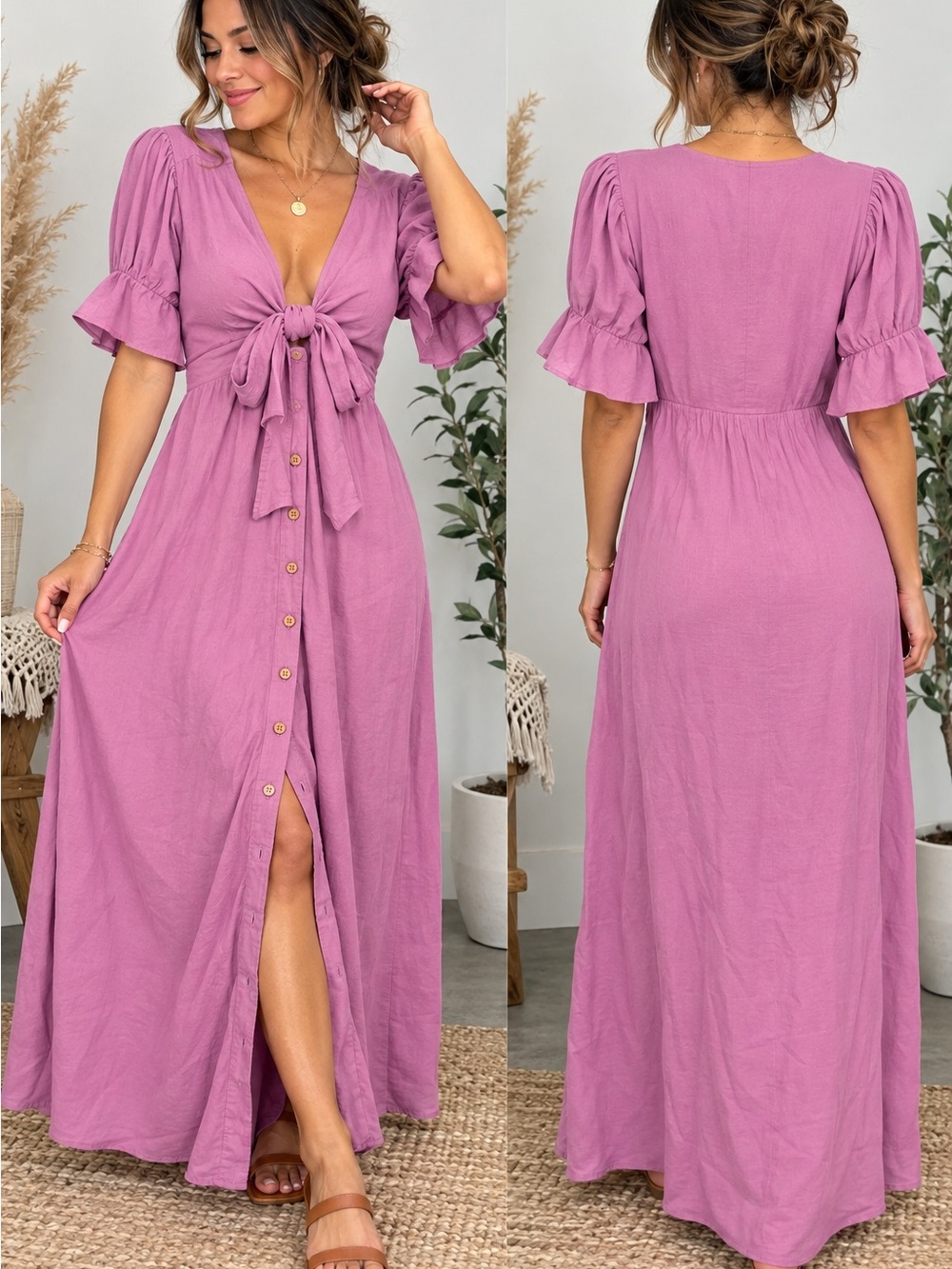 Free People Mauve Tie-Front Button Maxi Dress